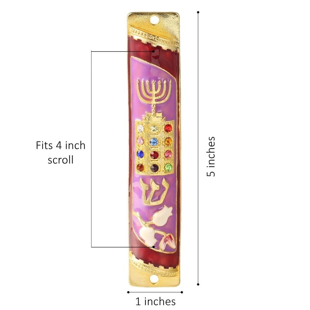 Matashi Hand Painted Enamel Mezuzah Embellished w/ a Menorah and Priestly with Gold Accents and Matashi Crystals Image 7