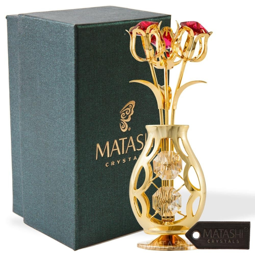 Matashi 24k Gold Plated Flowers Bouquet and Vase w/ Red and Clear Crystals 24k Gold-Plated Table Top Decorations Image 2