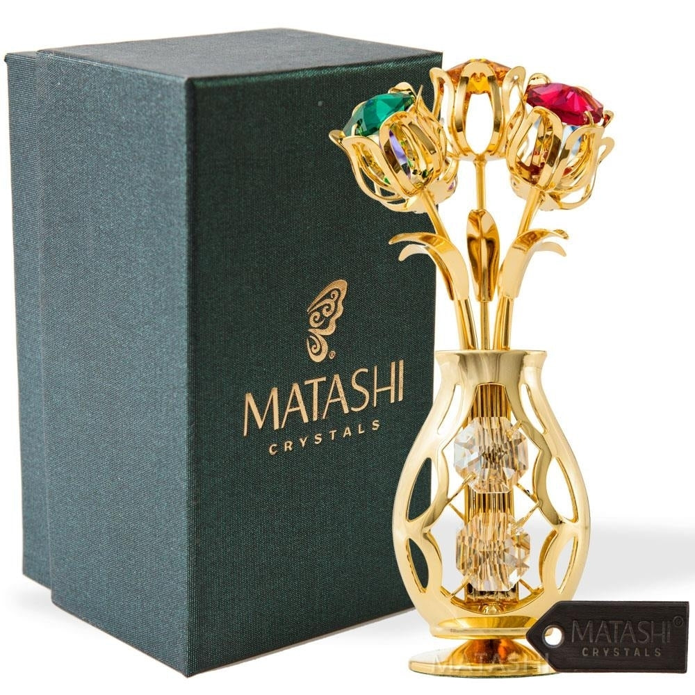 Matashi 24k Gold Plated Flowers Bouquet and Vase w/ Colorful Crystals 24k Gold-Plated Table Top Decorations Image 2