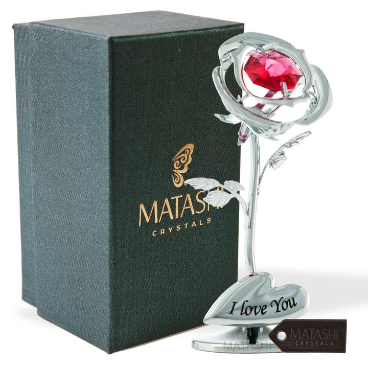 Matashi Single Chrome Plated Silver Rose Flower Tabletop Ornament w/ Red Crystals - I Love You Floral Arrangement Image 2