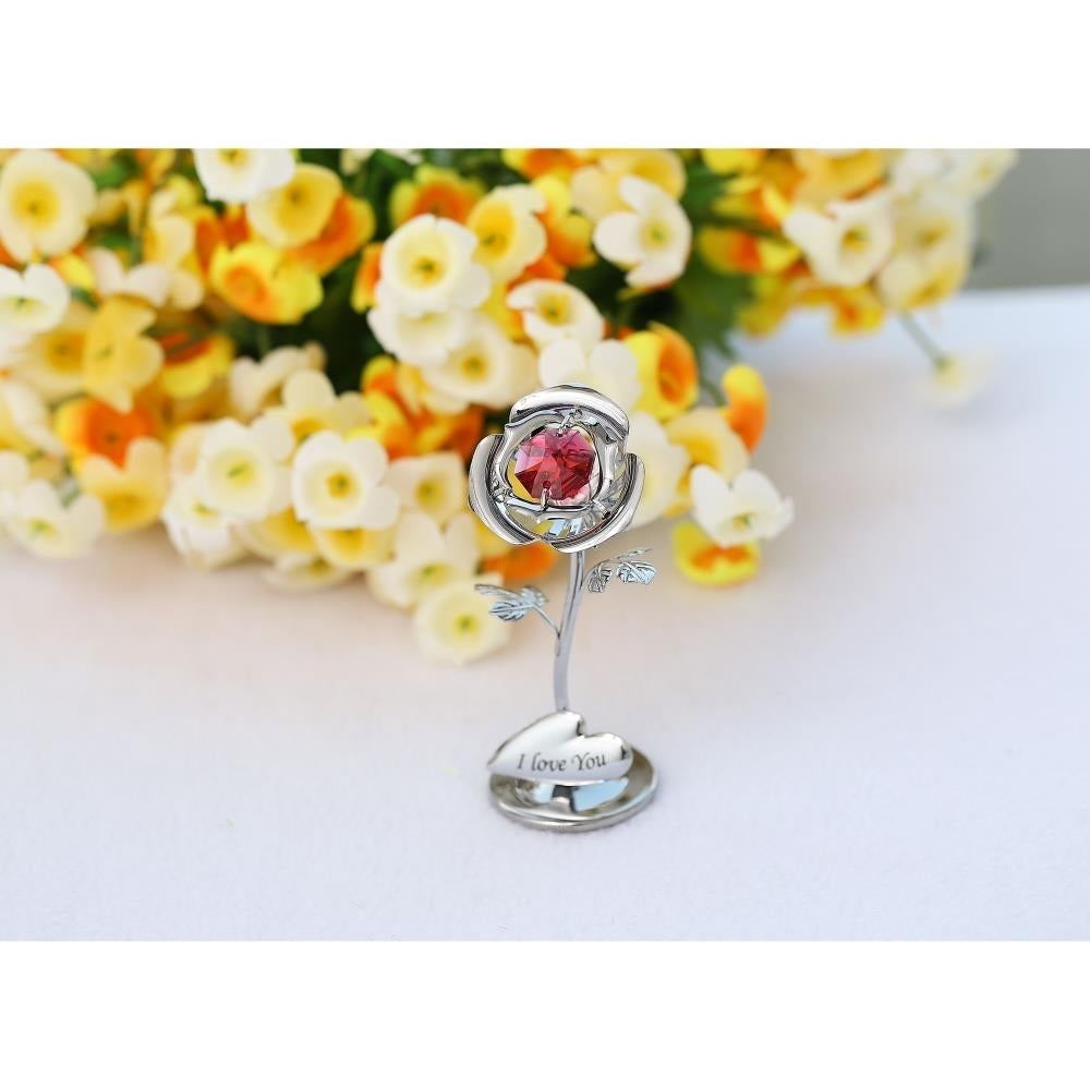 Matashi Single Chrome Plated Silver Rose Flower Tabletop Ornament w/ Red Crystals - I Love You Floral Arrangement Image 3