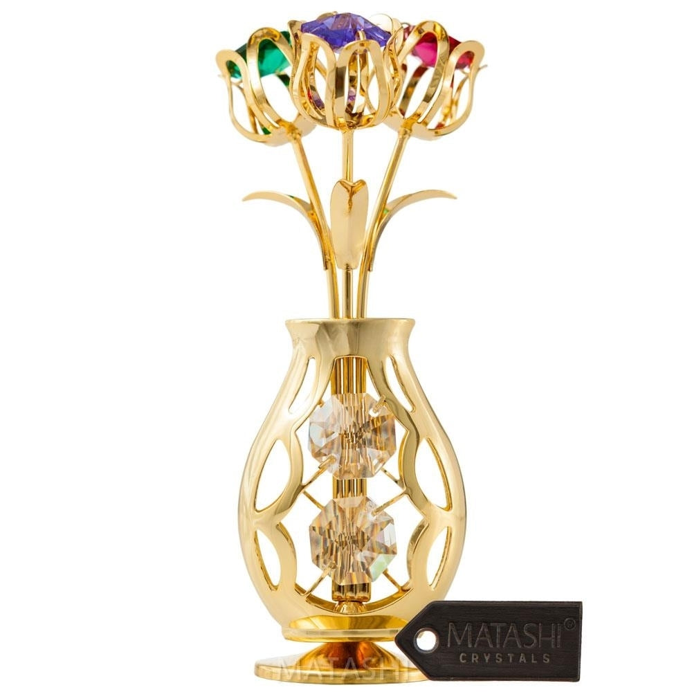 Matashi 24k Gold Plated Flowers Bouquet and Vase w/ Colorful Crystals 24k Gold-Plated Table Top Decorations Image 1