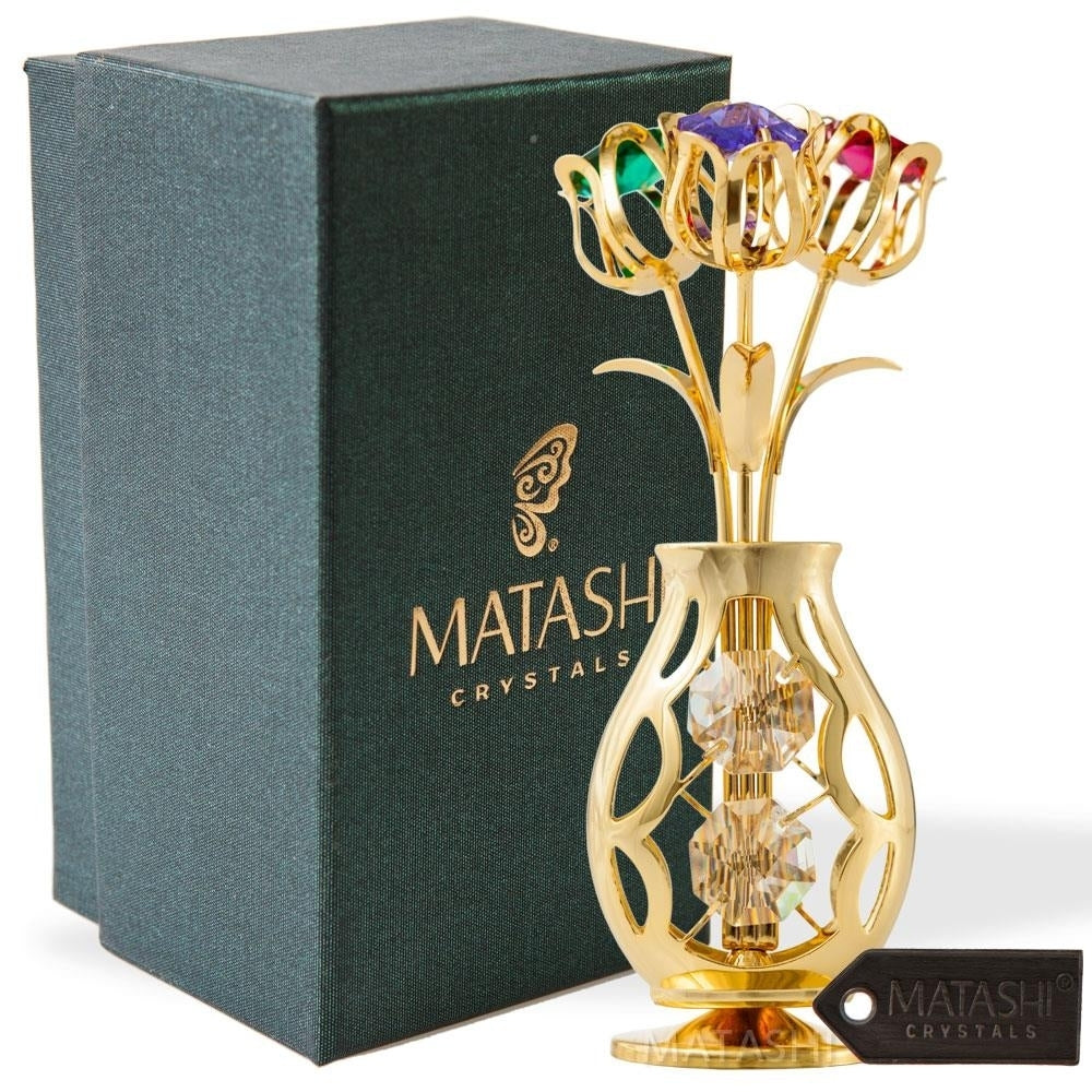 Matashi 24k Gold Plated Flowers Bouquet and Vase w/ Colorful Crystals 24k Gold-Plated Table Top Decorations Image 2