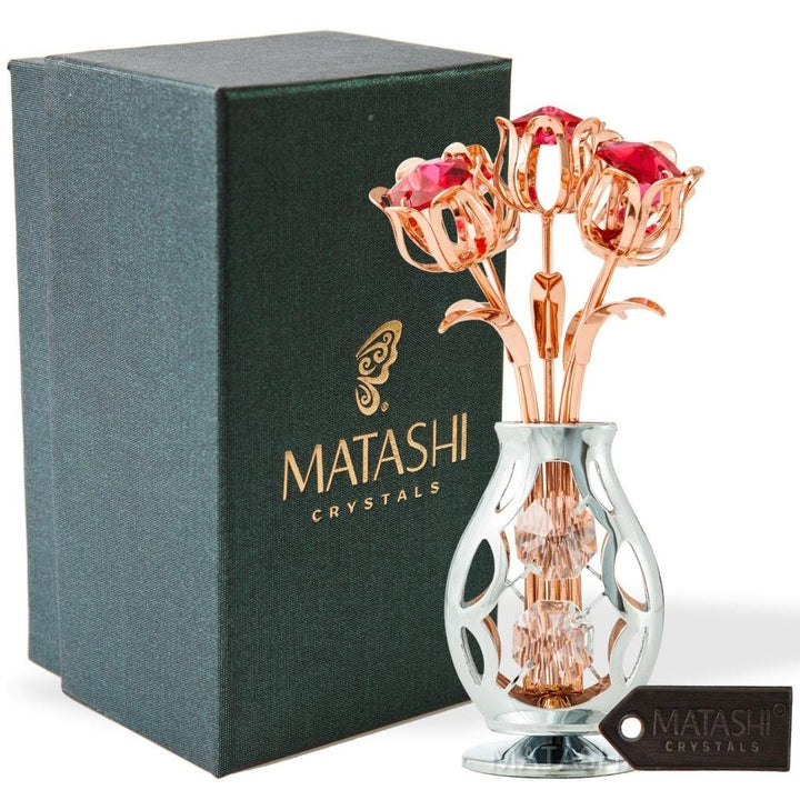 Matashi Rose Gold and Chrome Plated Flowers Bouquet and Vase w/ Red and Clear Crystals Table Top Decorations Image 2