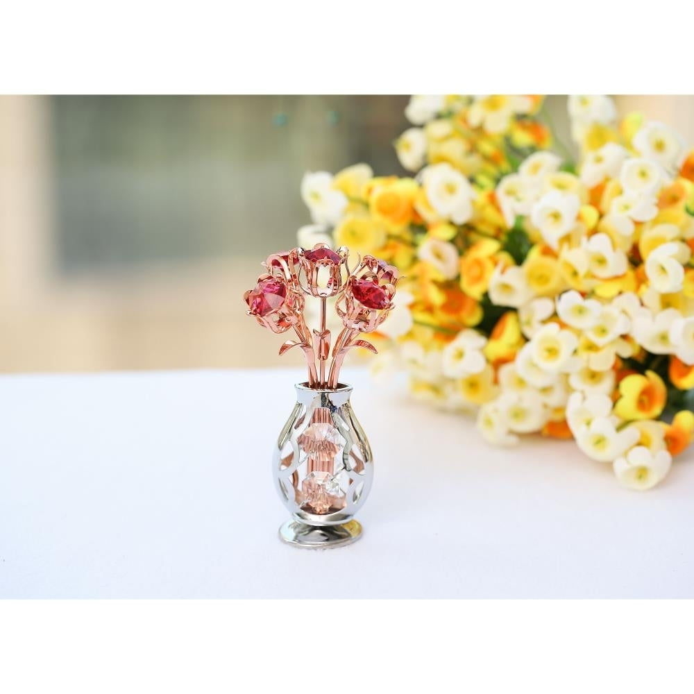 Matashi Rose Gold and Chrome Plated Flowers Bouquet and Vase w/ Red and Clear Crystals Table Top Decorations Image 3