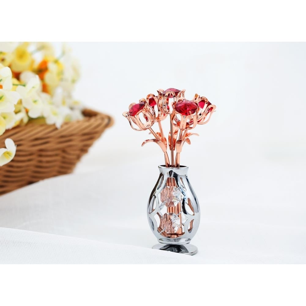 Matashi Rose Gold and Chrome Plated Flowers Bouquet and Vase w/ Red and Clear Crystals Table Top Decorations Image 4