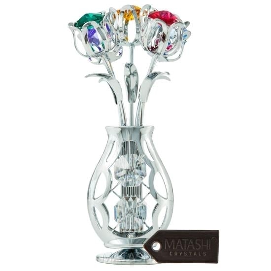 Matashi Chrome Plated Flowers Bouquet and Vase w/ Colorful Crystals Table Top Decorations Image 1