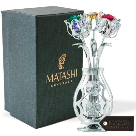 Matashi Chrome Plated Flowers Bouquet and Vase w/ Colorful Crystals Table Top Decorations Image 2