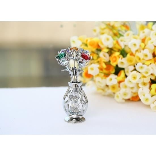 Matashi Chrome Plated Flowers Bouquet and Vase w/ Colorful Crystals Table Top Decorations Image 4