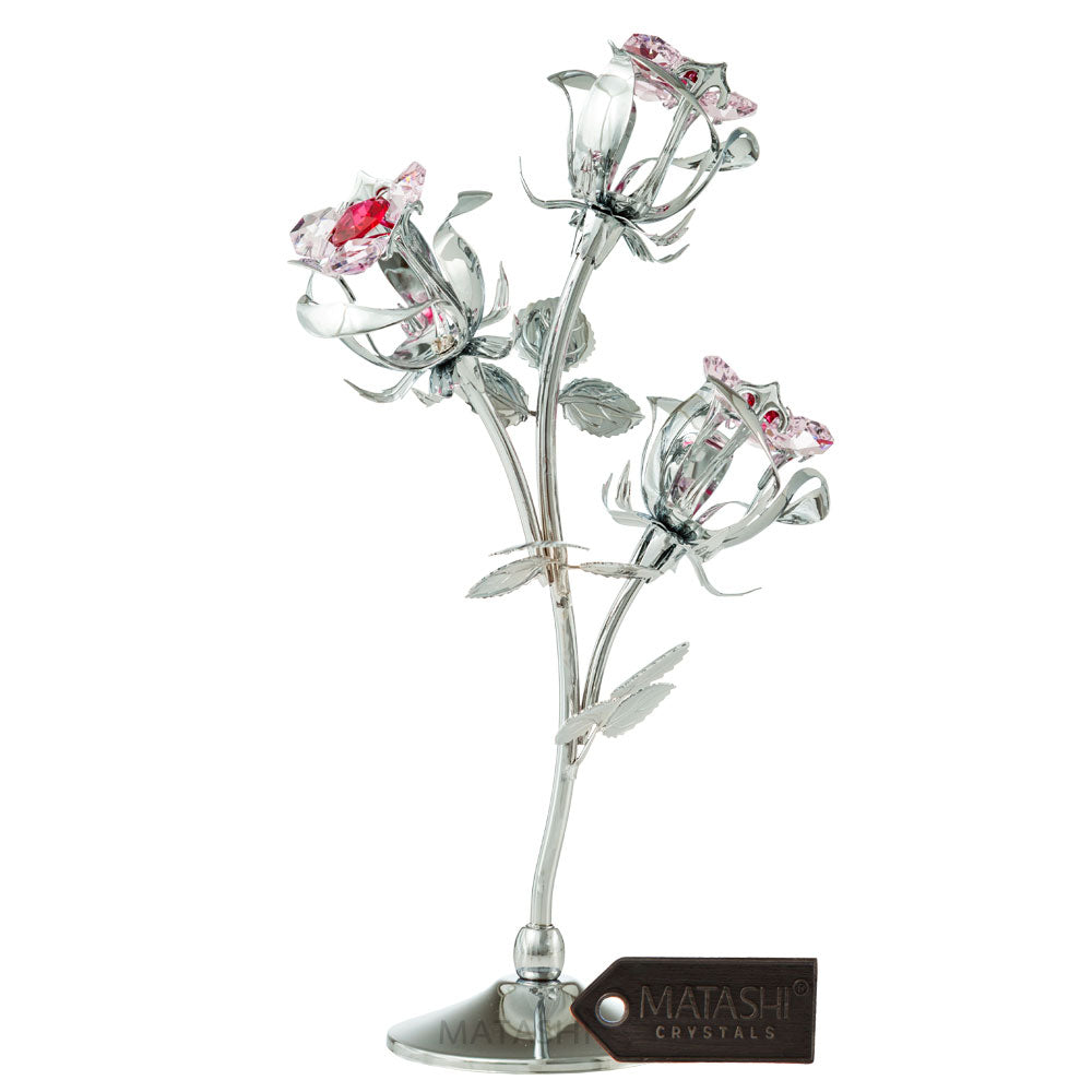 Matashi Chrome Plated Silver Rose Flower Tabletop Ornament w/ Red and Pink Crystals Metal Floral Arrangement Image 1