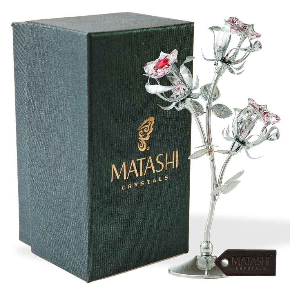 Matashi Chrome Plated Silver Rose Flower Tabletop Ornament w/ Red and Pink Crystals Metal Floral Arrangement Image 2