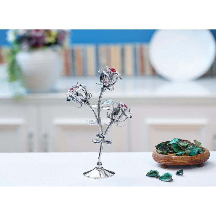 Matashi Chrome Plated Silver Rose Flower Tabletop Ornament w/ Red and Pink Crystals Metal Floral Arrangement Image 4