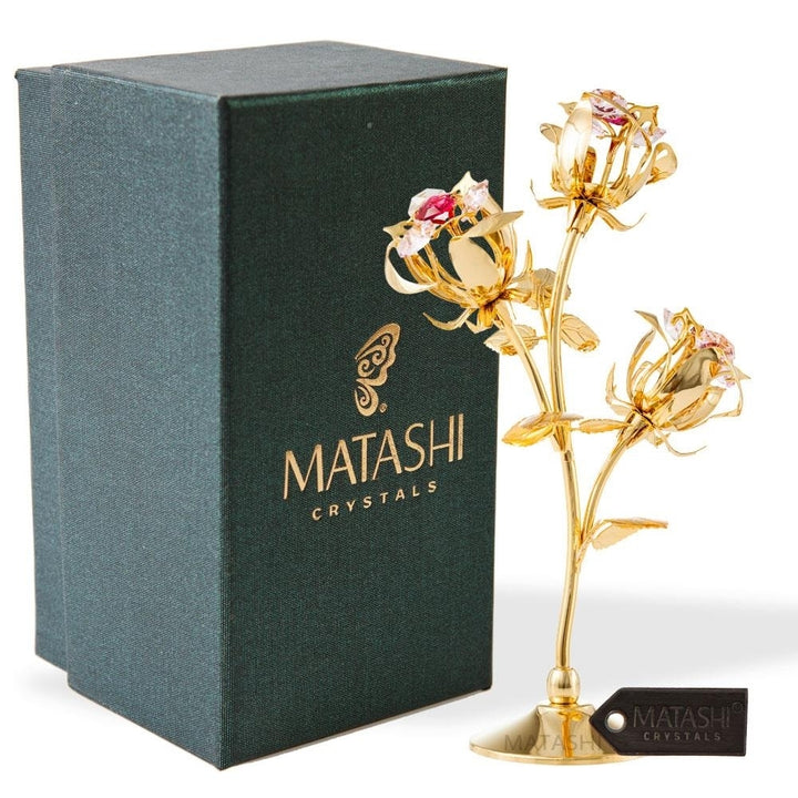 Matashi 24k Gold Plated Rose Flower Tabletop Ornament w/ Red and Pink Crystals Decorative Office or Craftsmanship Image 2