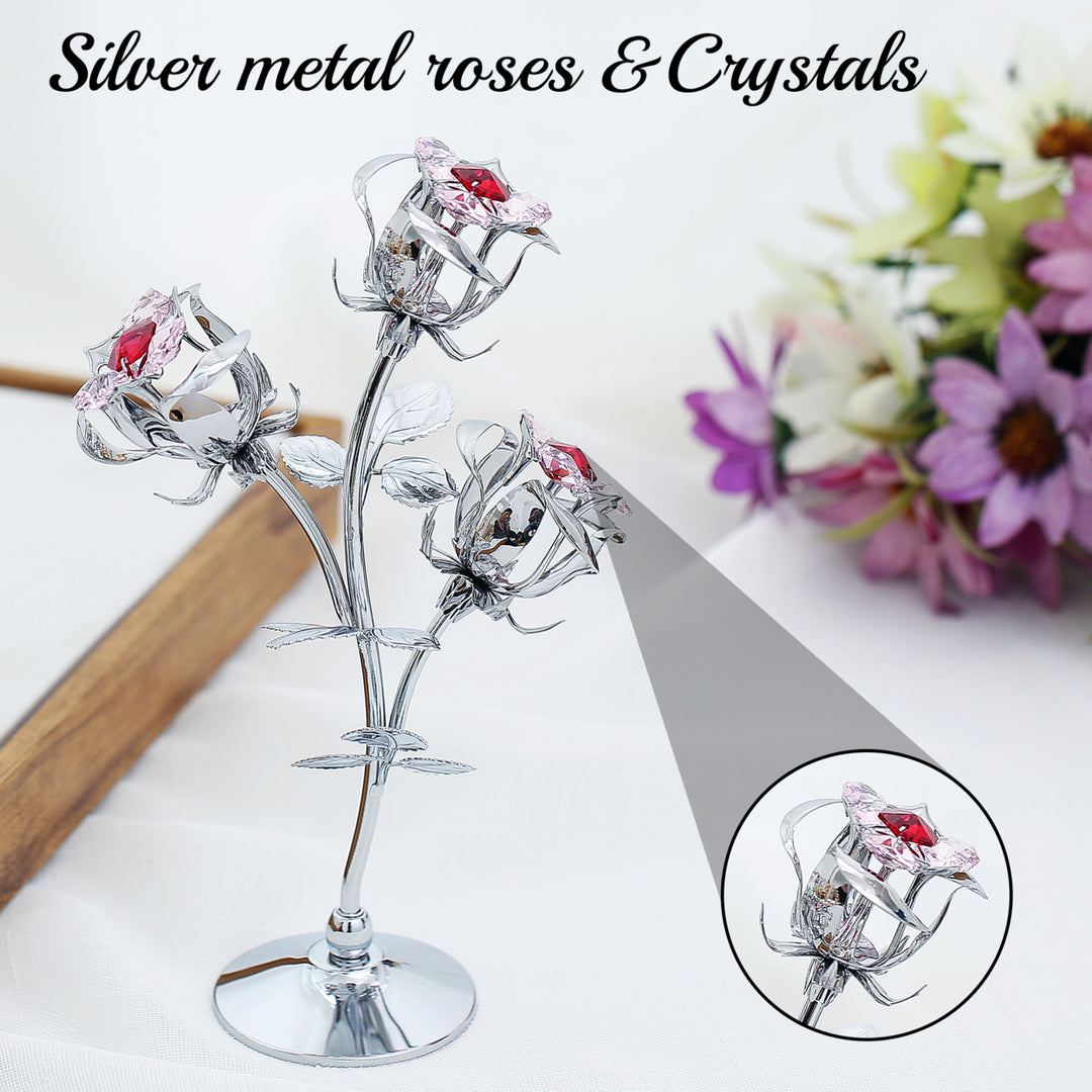 Matashi Chrome Plated Silver Rose Flower Tabletop Ornament w/ Red and Pink Crystals Metal Floral Arrangement Image 5