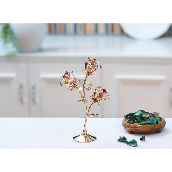 Matashi 24k Gold Plated Rose Flower Tabletop Ornament w/ Red and Pink Crystals Decorative Office or Craftsmanship Image 4