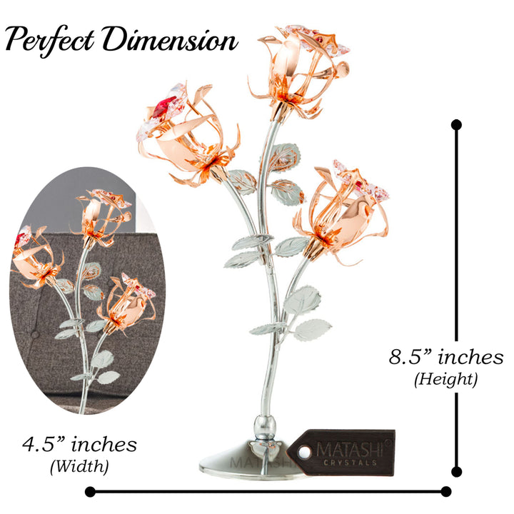 Matashi Rose Gold and Chrome Plated Rose Flower Tabletop Ornament w/ Red and Pink Crystals, Metal Floral Arrangement Image 3