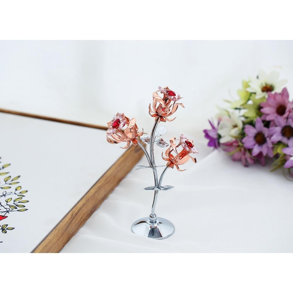 Matashi Rose Gold and Chrome Plated Rose Flower Tabletop Ornament w/ Red and Pink Crystals, Metal Floral Arrangement Image 4