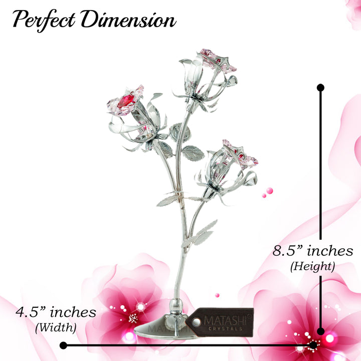 Matashi Chrome Plated Silver Rose Flower Tabletop Ornament w/ Red and Pink Crystals Metal Floral Arrangement Image 6