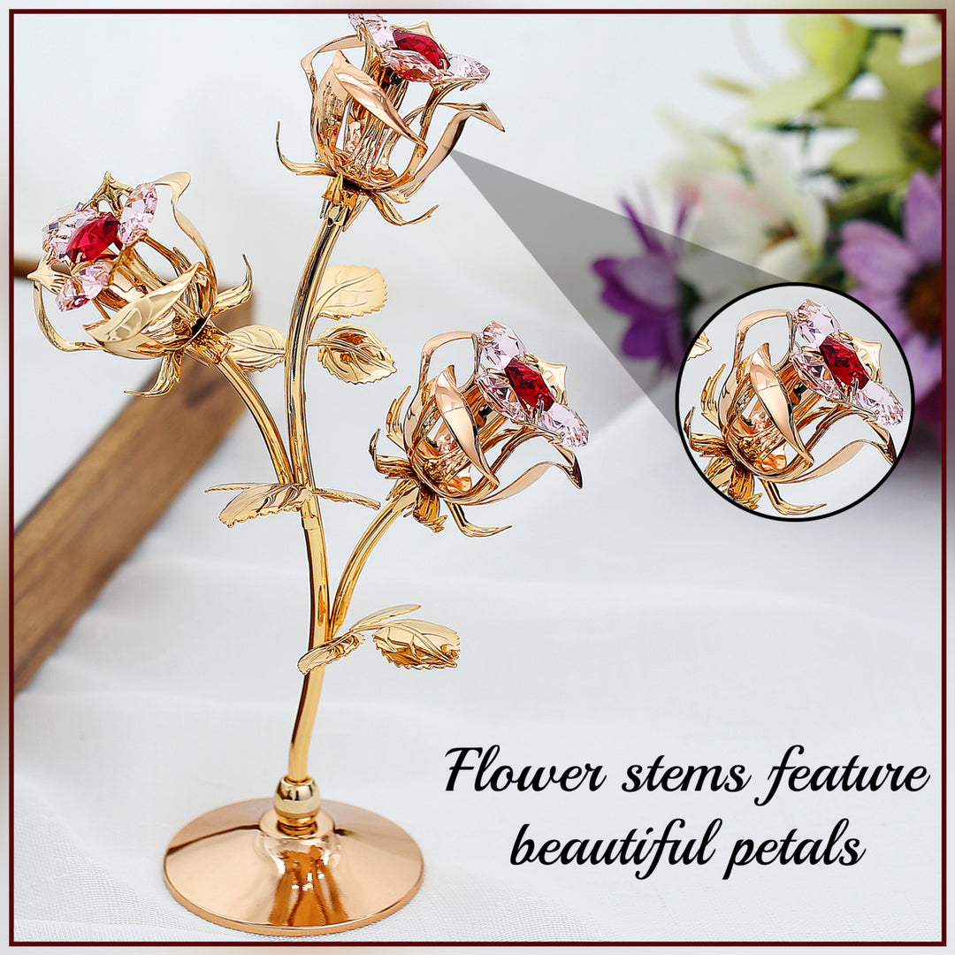 Matashi 24k Gold Plated Rose Flower Tabletop Ornament w/ Red and Pink Crystals Decorative Office or Craftsmanship Image 5