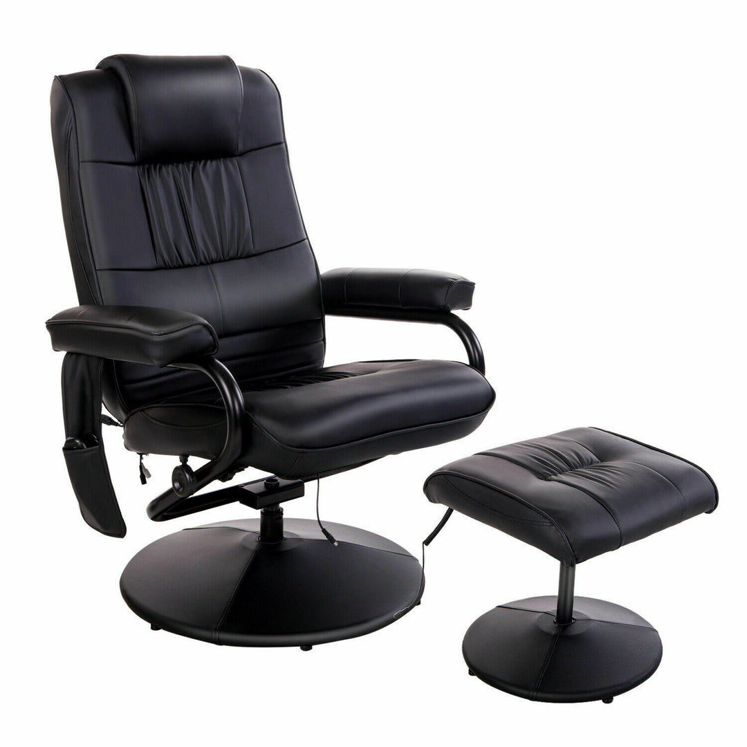 Black Leather Swivel Recliner Lounge Chair w/ Footrest and 10 Point Massage Image 1