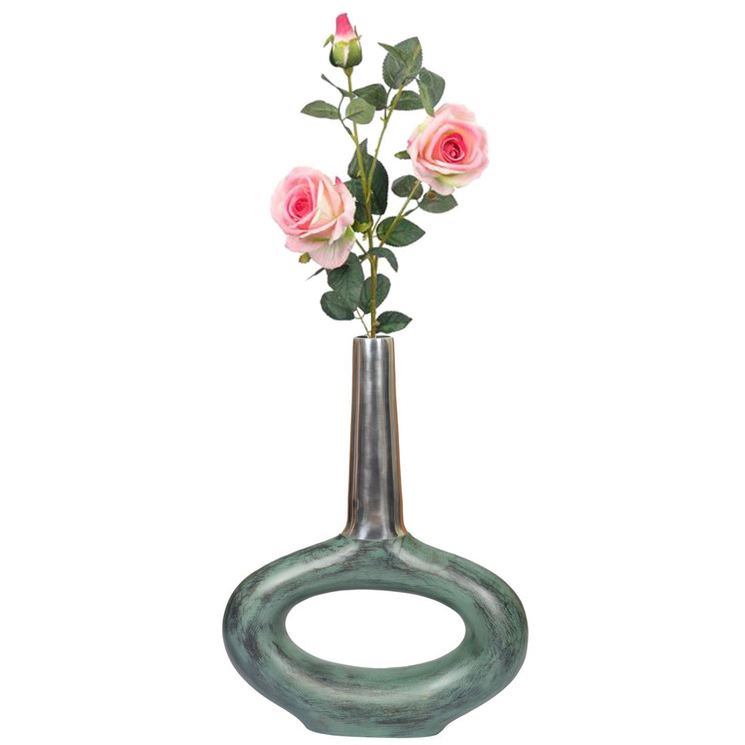 Antique Aluminium-Casted Flower Vase Patina Green 19.25 Inch Table Centerpiece Image 1