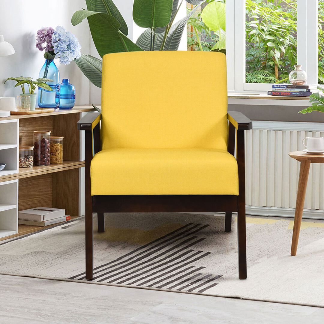 Wooden Upholstered Accent Chair Fabric Armchair Home Office Yellow Image 3