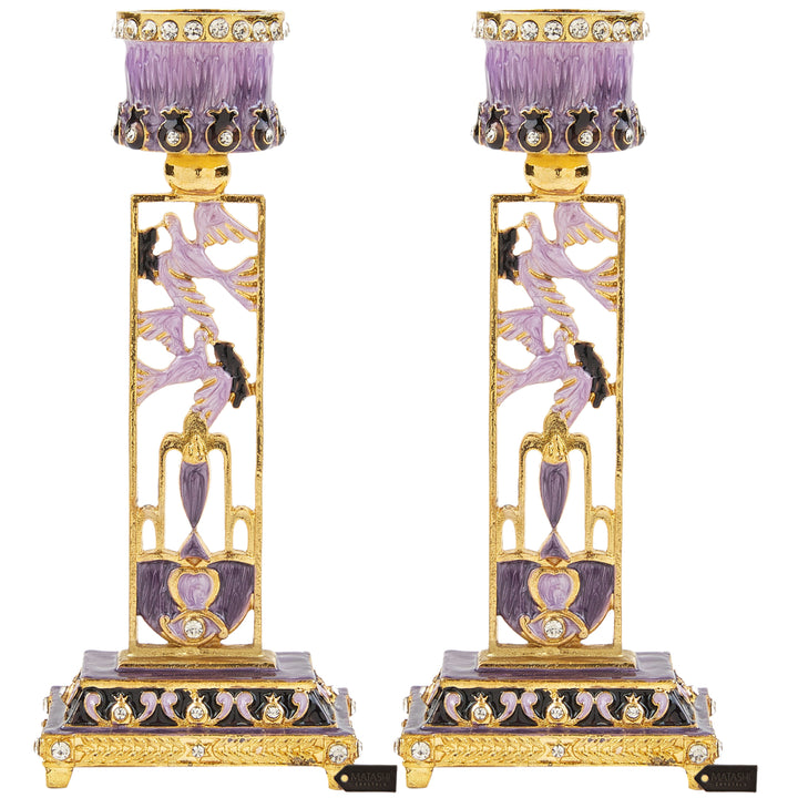 Matashi Shabbat Candlestick Holder (2-Piece Set) Candle Holder Hand-Painted, Gold-Plated Pewter Tall Adorned w/ Doves Image 3