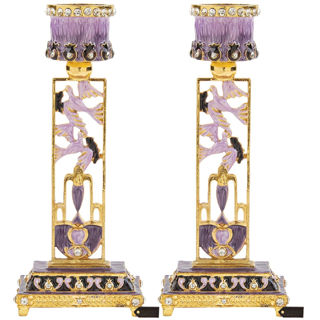 Matashi Shabbat Candlestick Holder (2-Piece Set) Candle Holder Hand-Painted, Gold-Plated Pewter Tall Adorned w/ Doves Image 1