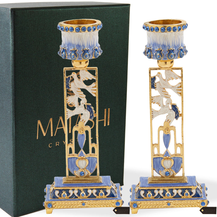 Matashi Shabbat Candlestick Holder (2-Piece Set) Candle Holder Hand-Painted, Gold-Plated Pewter Tall Adorned w/ Doves Image 5