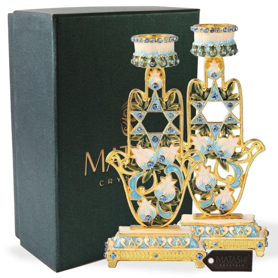 Matashi Shabbat Candlestck Holder (2-Piece Set) Hand-Painted, Gold-Plated Pewter Hamsa Adorned w/ Star of David jewish Image 1