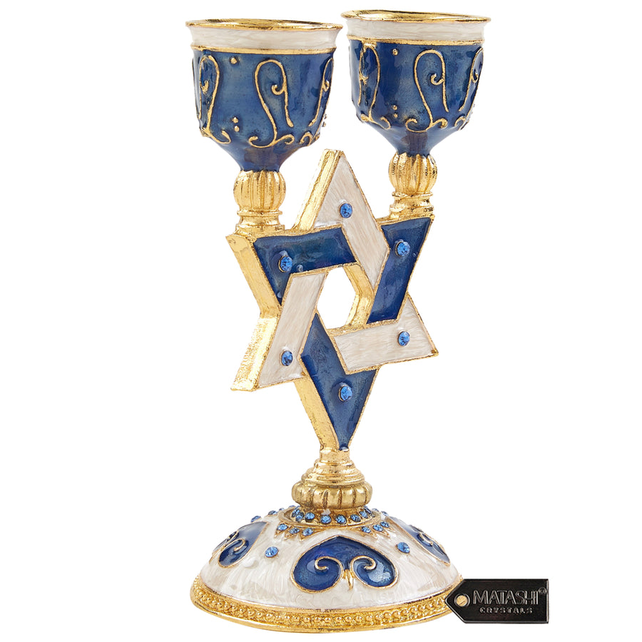 Matashi Oil Candle Holders Displays 2 Candles, Blue Intricate Details with Crystals Star of David, Modern Jewish Image 1