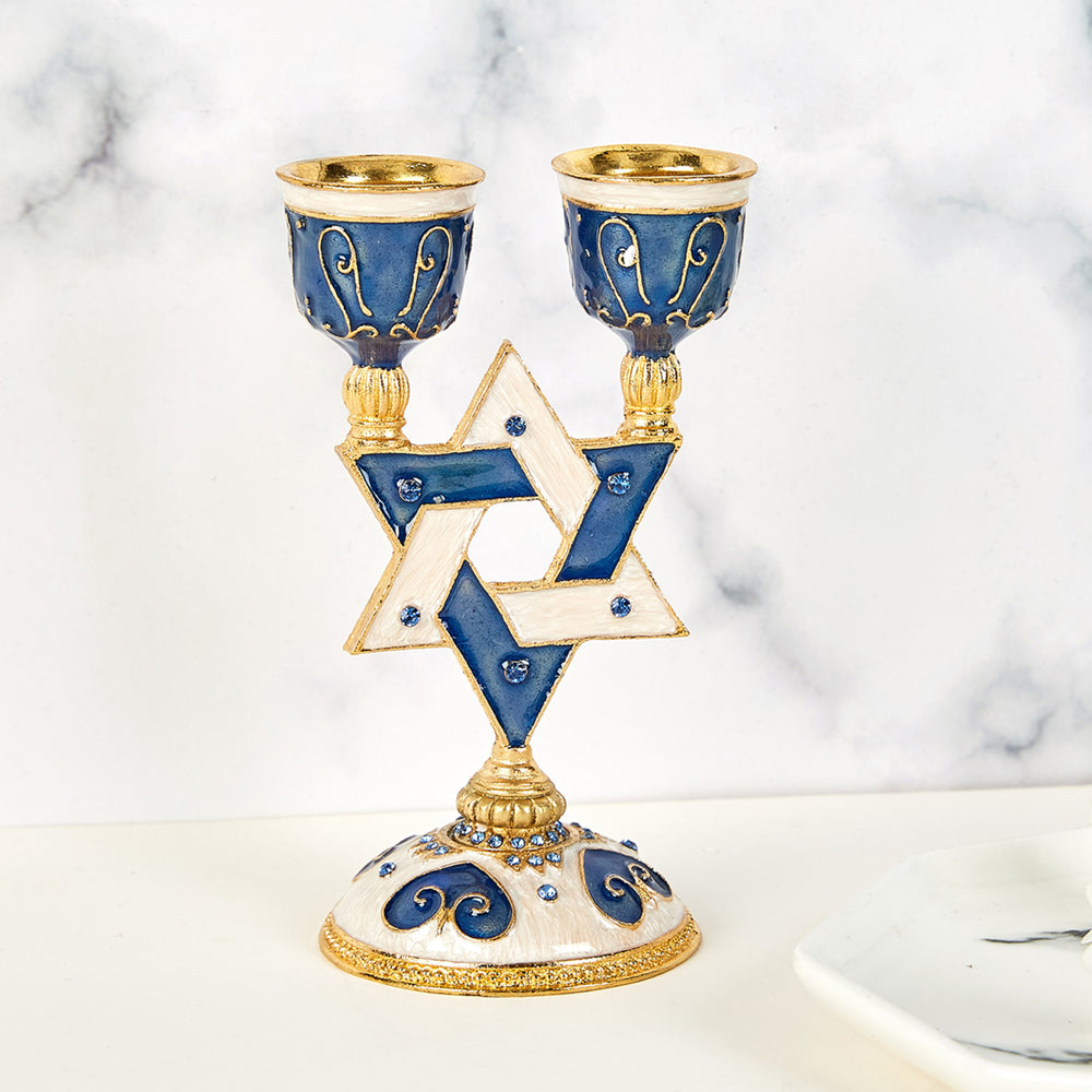 Matashi Oil Candle Holders Displays 2 Candles, Blue Intricate Details with Crystals Star of David, Modern Jewish Image 2