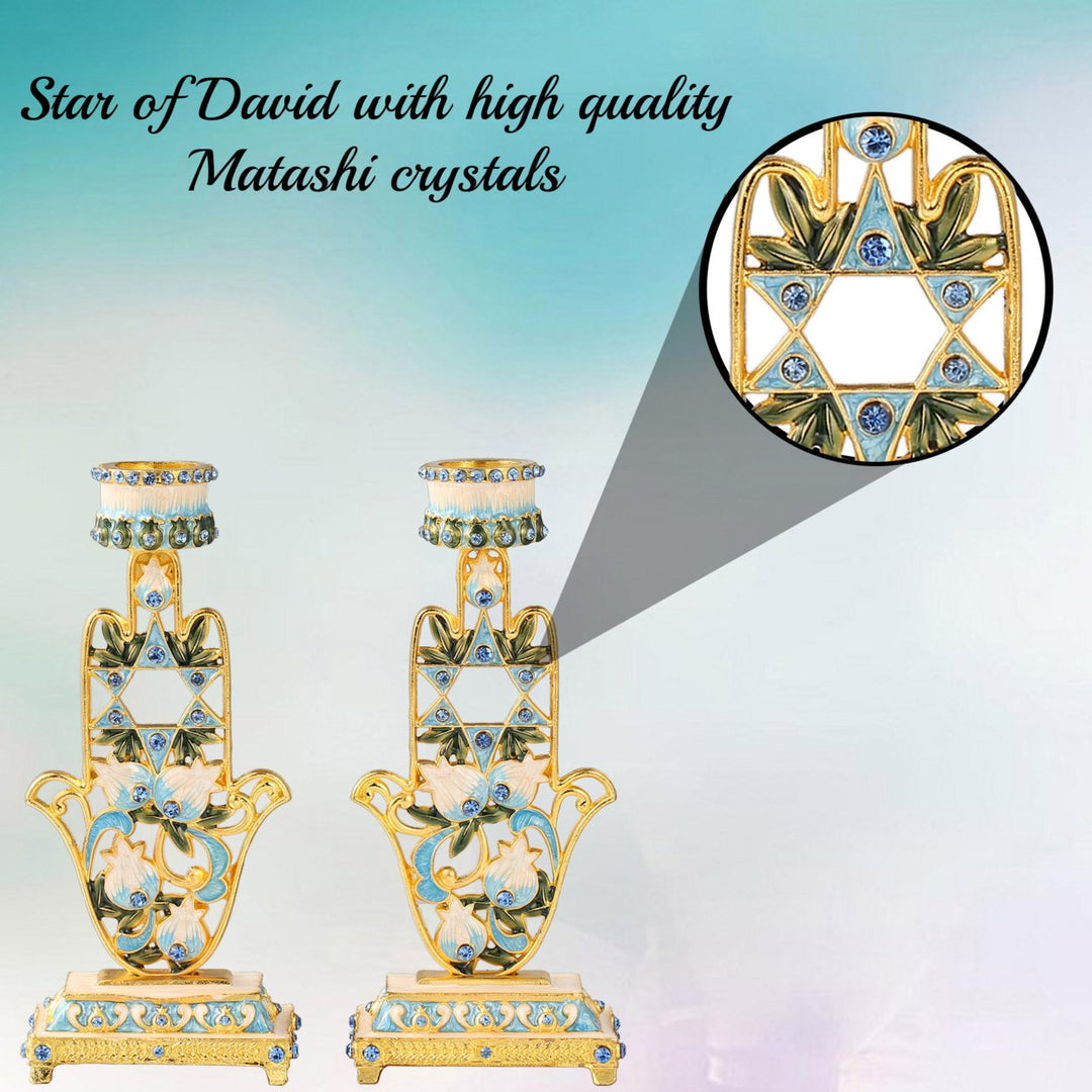 Matashi Shabbat Candlestck Holder (2-Piece Set) Hand-Painted, Gold-Plated Pewter Hamsa Adorned w/ Star of David jewish Image 7