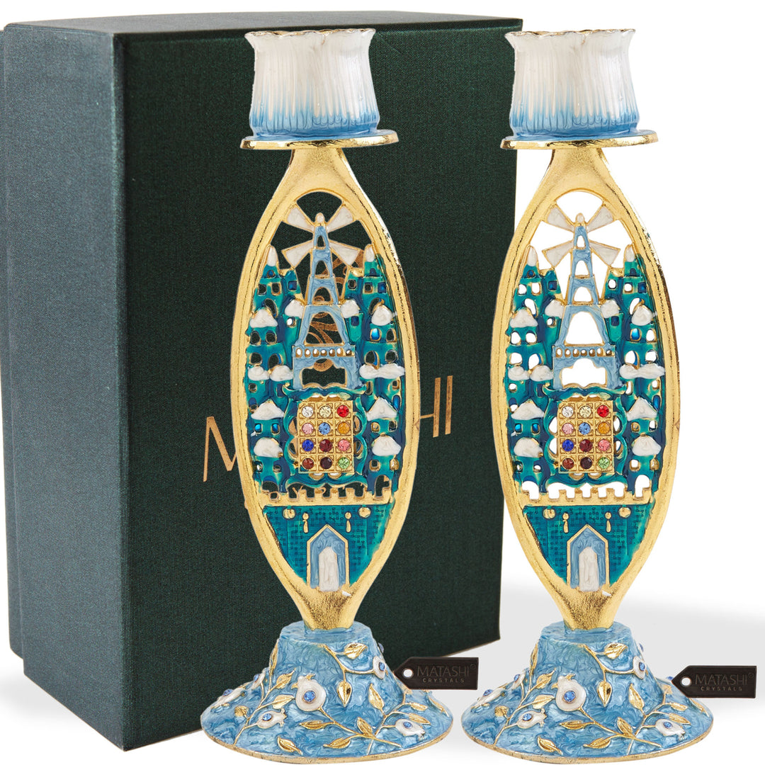 Matashi Shabbat Candlestck Holder (2-Piece Set) Hand-Painted Gold-Plated Pewter Adorned w/ Jerusalem Cityscape and Image 2