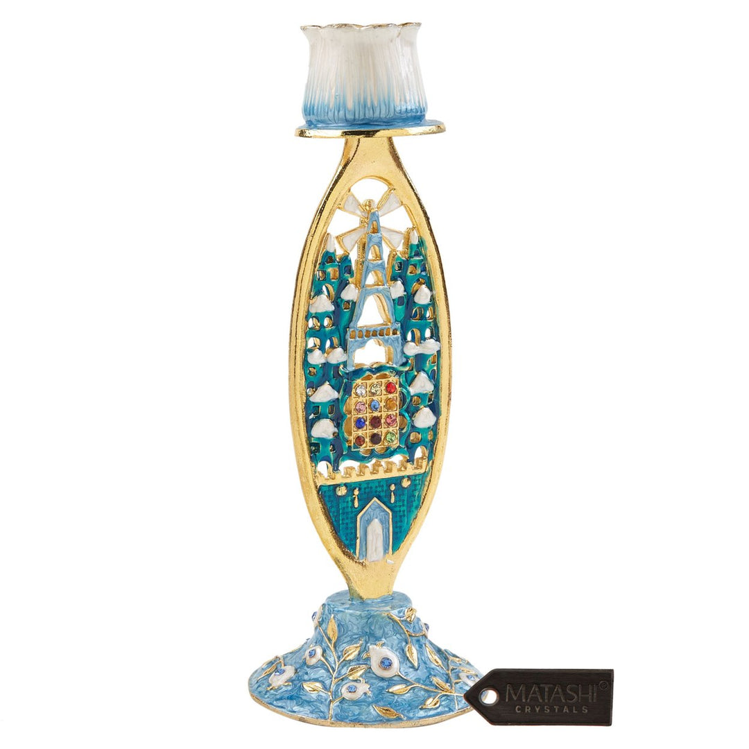 Matashi Shabbat Candlestck Holder (2-Piece Set) Hand-Painted Gold-Plated Pewter Adorned w/ Jerusalem Cityscape and Image 3