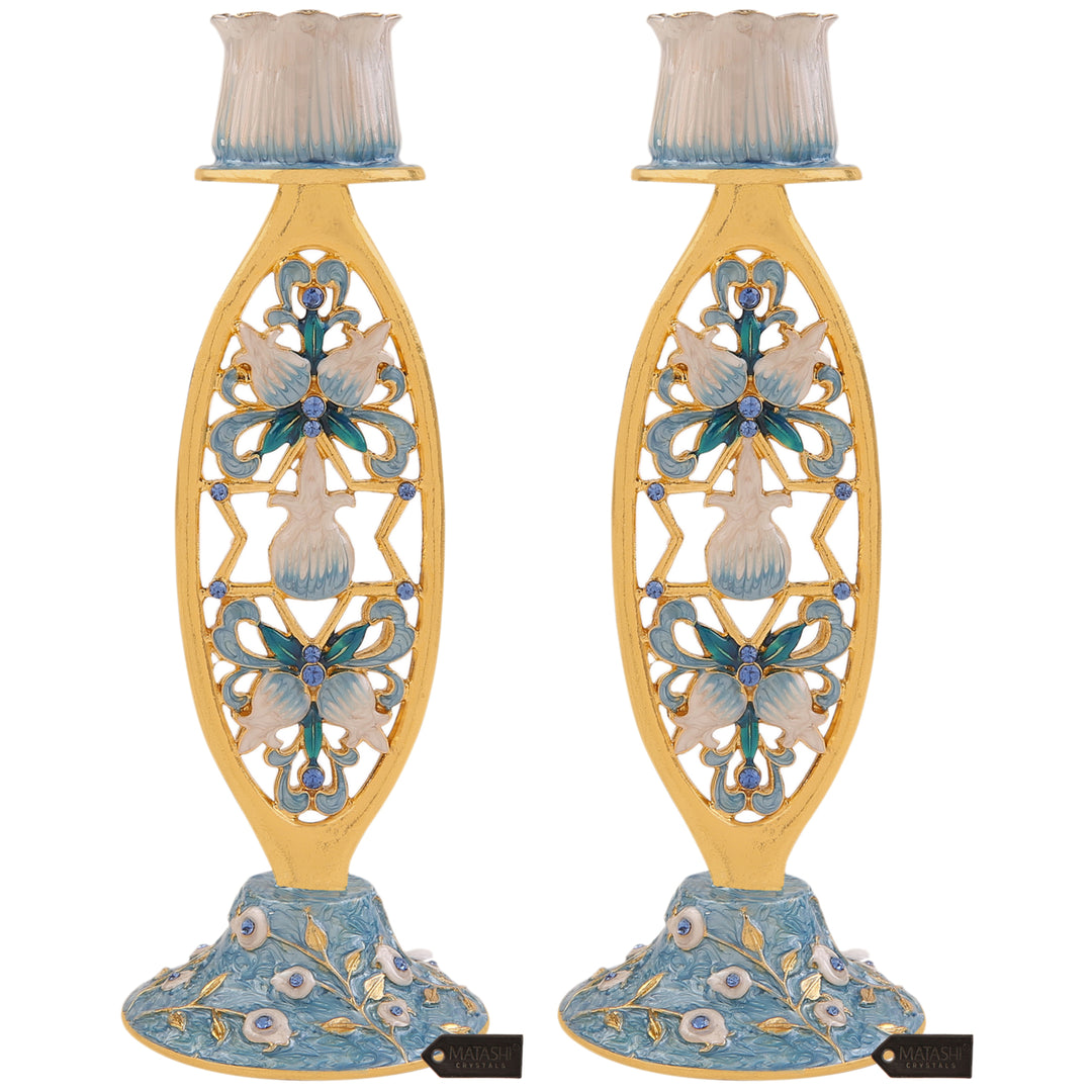 Matashi Shabbat Candlestck Holder (2-Piece Set) Hand-Painted Gold-Plated Pewter Adorned w/ Blue Flowers and Star of Image 1