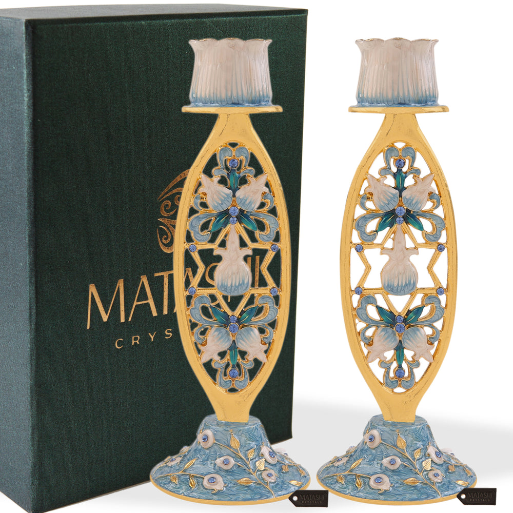 Matashi Shabbat Candlestck Holder (2-Piece Set) Hand-Painted Gold-Plated Pewter Adorned w/ Blue Flowers and Star of Image 2