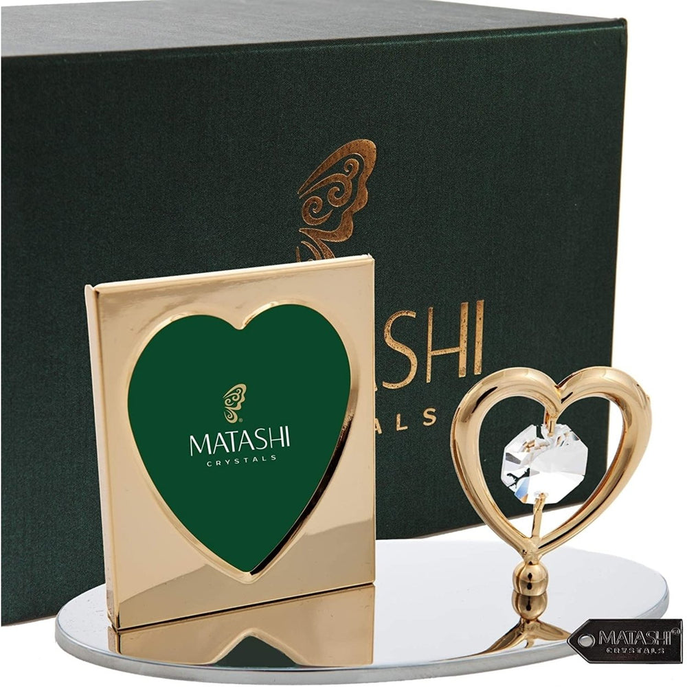 24K Gold Plated Picture Frame w/ Crystal Studded Heart Figurine by Matashi Image 2