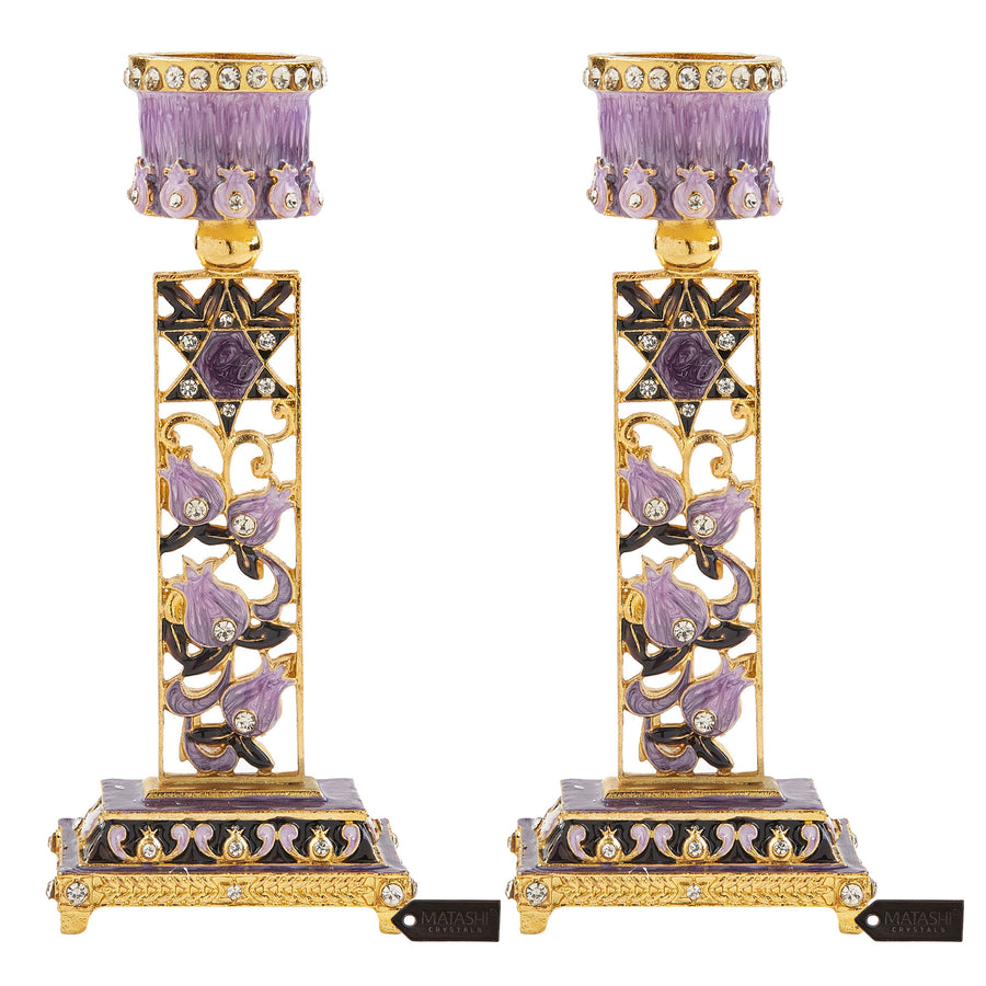 Shabbat Candlestick (2-Piece Set) Hand-Painted, Gold-Plated Pewter Personal or Religious Enjoyment (Purple) by Matashi Image 1