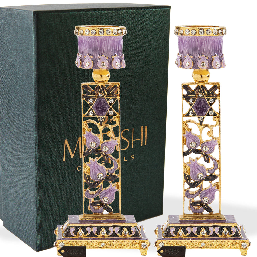 Shabbat Candlestick (2-Piece Set) Hand-Painted, Gold-Plated Pewter Personal or Religious Enjoyment (Purple) by Matashi Image 2