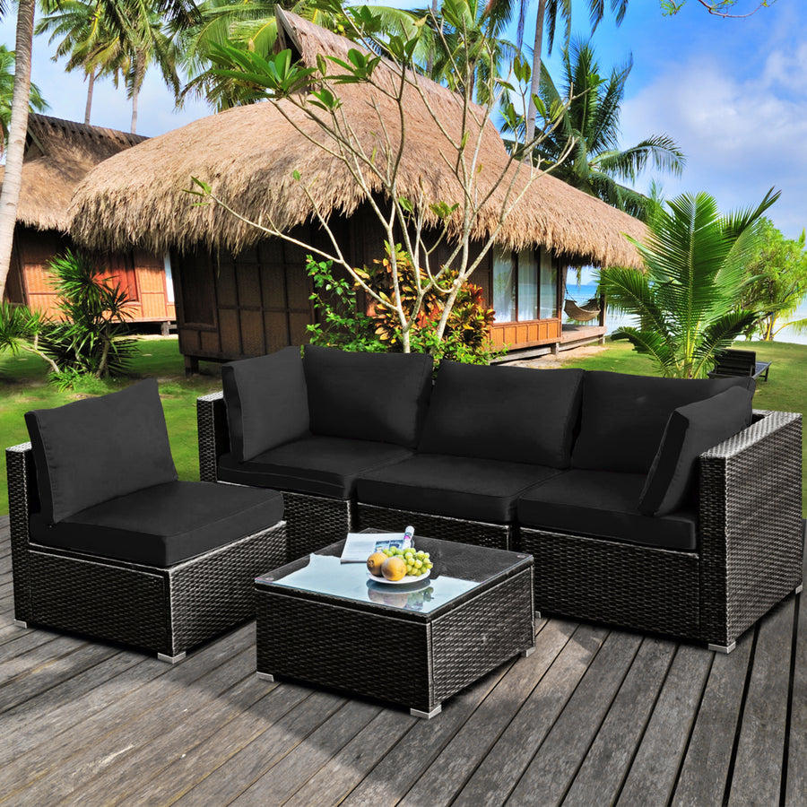 5PCS Rattan Patio Conversation Set Sofa Furniture Set w/ Black Cushions Image 1