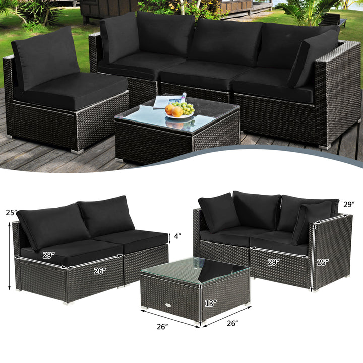 5PCS Rattan Patio Conversation Set Sofa Furniture Set w/ Black Cushions Image 9