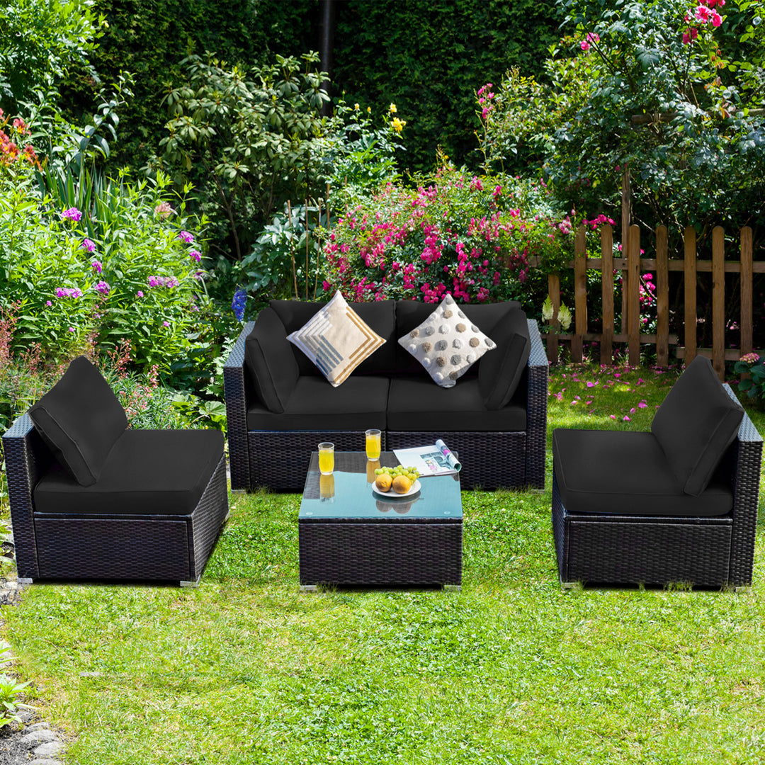 5PCS Rattan Patio Conversation Set Sofa Furniture Set w/ Black Cushions Image 3