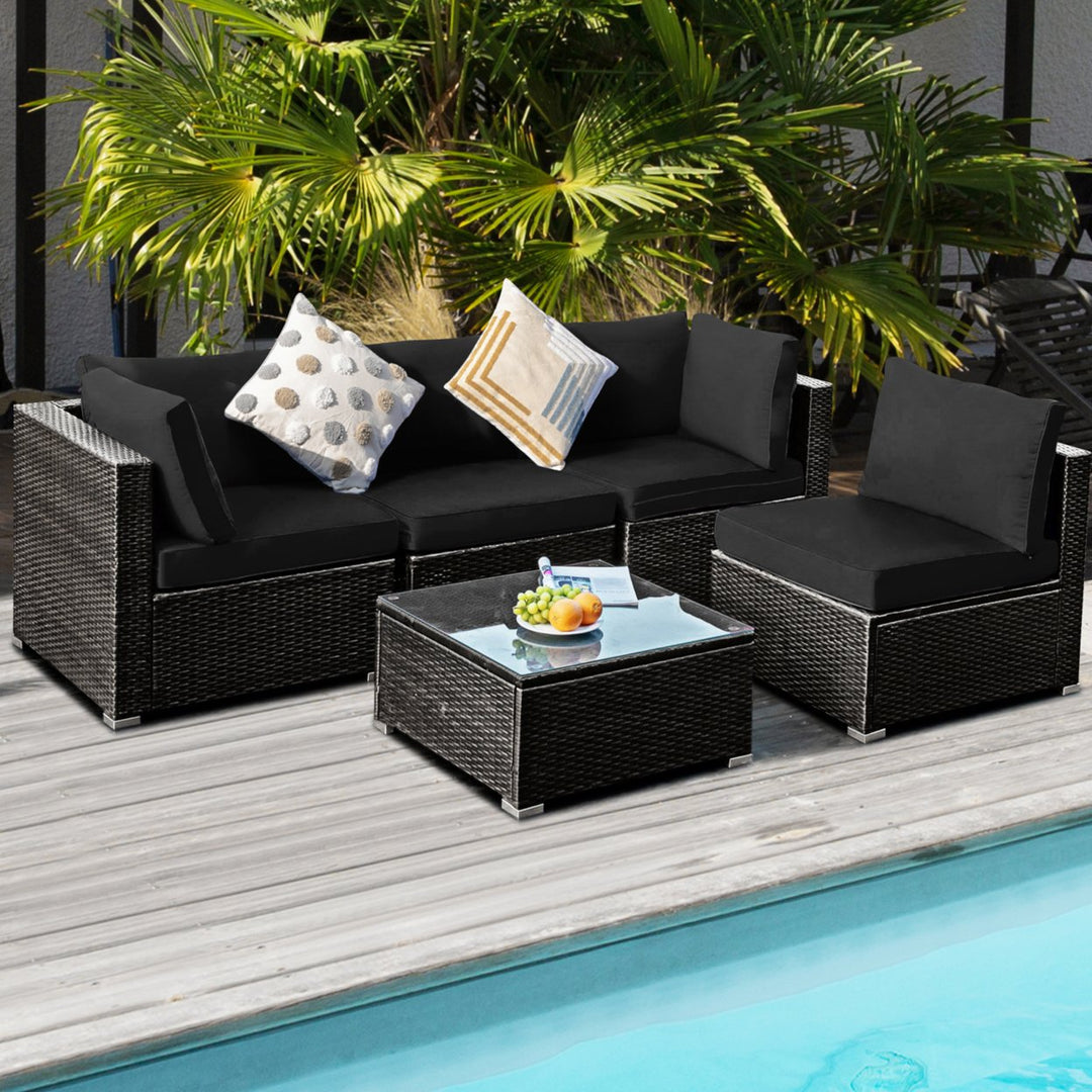 5PCS Rattan Patio Conversation Set Sofa Furniture Set w/ Black Cushions Image 4