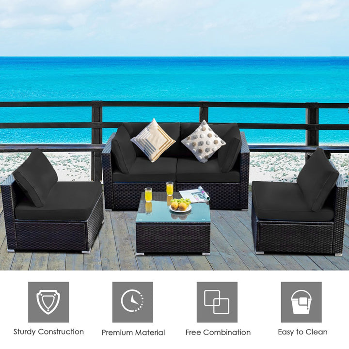 5PCS Rattan Patio Conversation Set Sofa Furniture Set w/ Black Cushions Image 5