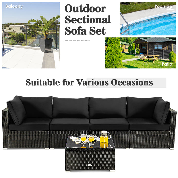 5PCS Rattan Patio Conversation Set Sofa Furniture Set w/ Black Cushions Image 6