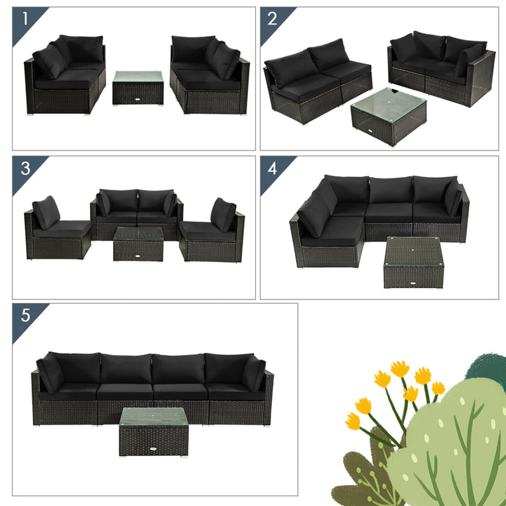 5PCS Rattan Patio Conversation Set Sofa Furniture Set w/ Black Cushions Image 8