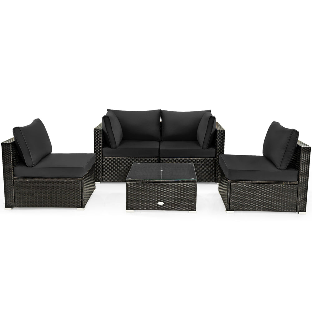 5PCS Rattan Patio Conversation Set Sofa Furniture Set w/ Black Cushions Image 2