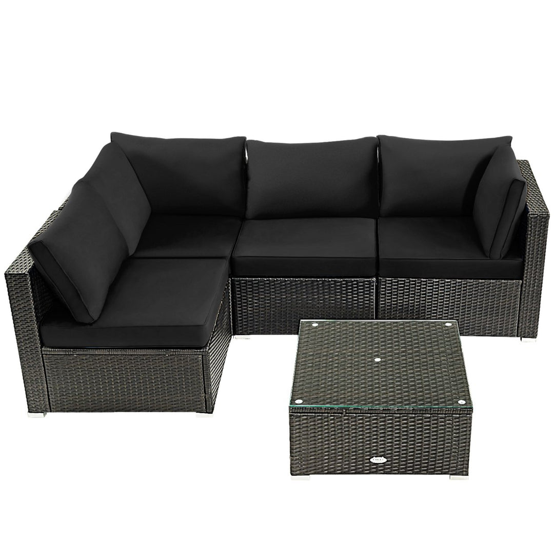 5PCS Rattan Patio Conversation Set Sofa Furniture Set w/ Black Cushions Image 10