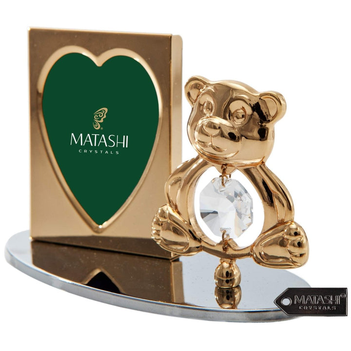 Matashi 24k Gold Plated Picture Frame Desk Set with Crystal Decorated Teddy Bear Figurine on a Silver Base Gift for Image 1